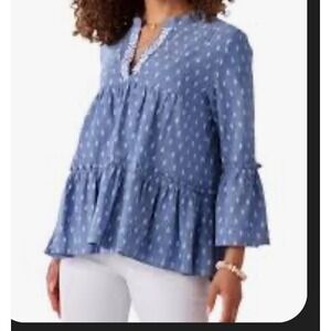 Charles PAIGE Large Blue V-Neck Long Bell Sleeve Boho Blouse Top